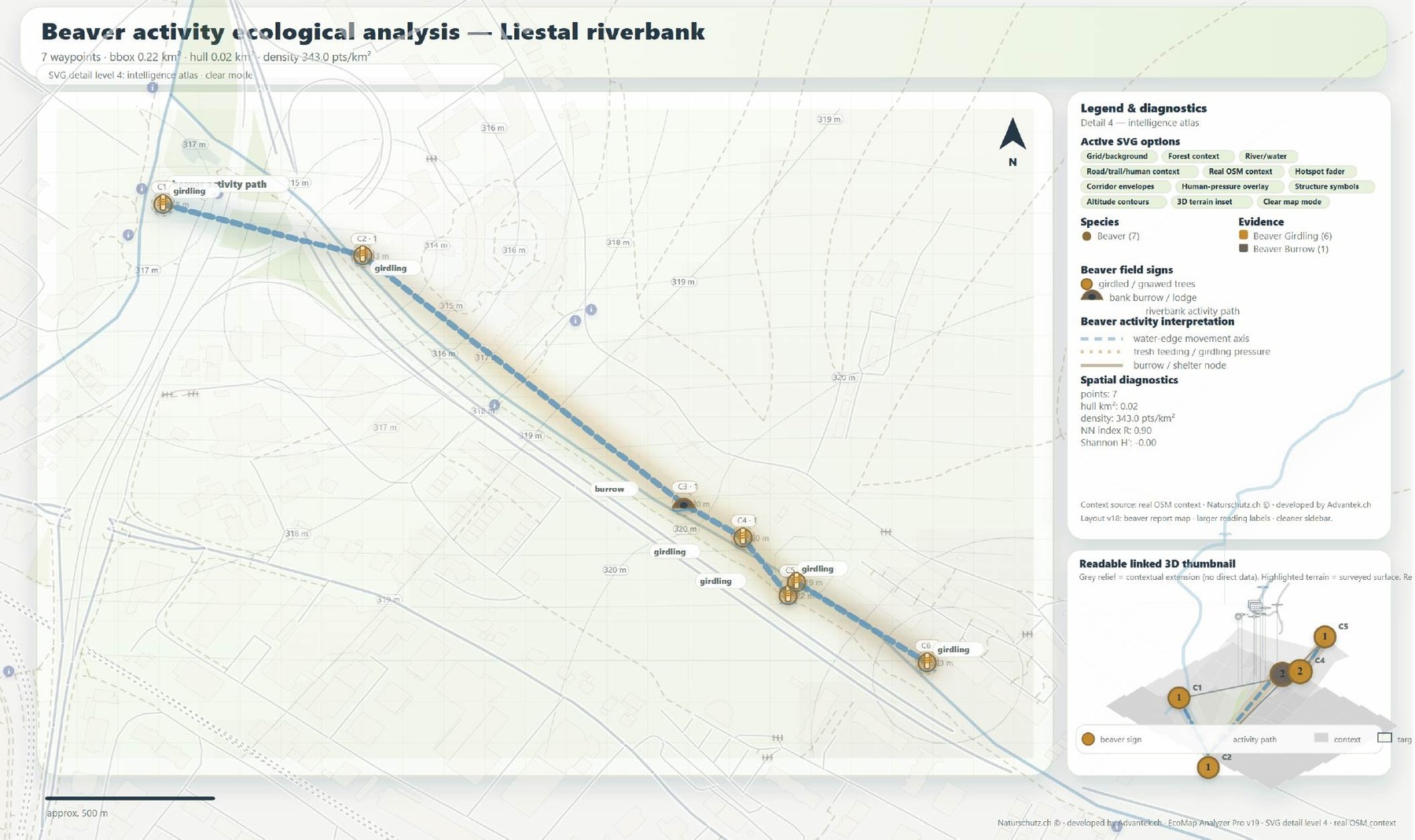 Spatial overview of beaver activity signs along the Liestal section of the Ergolz River